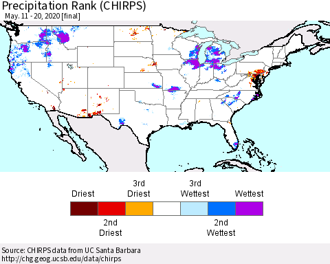 United States Precipitation Rank (CHIRPS) Thematic Map For 5/11/2020 - 5/20/2020