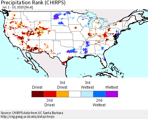 United States Precipitation Rank (CHIRPS) Thematic Map For 7/1/2020 - 7/10/2020