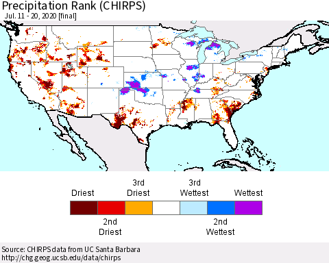 United States Precipitation Rank since 1981 (CHIRPS) Thematic Map For 7/11/2020 - 7/20/2020