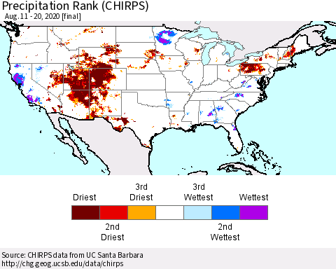 United States Precipitation Rank (CHIRPS) Thematic Map For 8/11/2020 - 8/20/2020