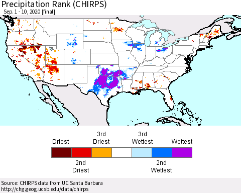 United States Precipitation Rank (CHIRPS) Thematic Map For 9/1/2020 - 9/10/2020