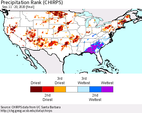 United States Precipitation Rank since 1981 (CHIRPS) Thematic Map For 9/11/2020 - 9/20/2020
