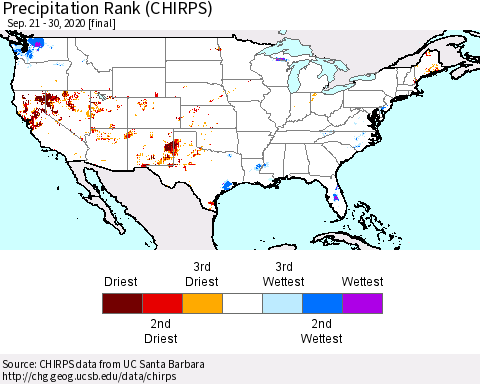 United States Precipitation Rank (CHIRPS) Thematic Map For 9/21/2020 - 9/30/2020