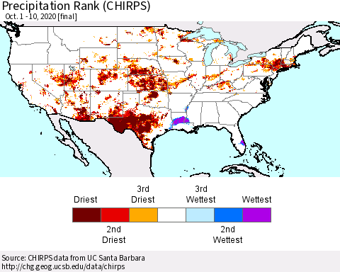 United States Precipitation Rank (CHIRPS) Thematic Map For 10/1/2020 - 10/10/2020