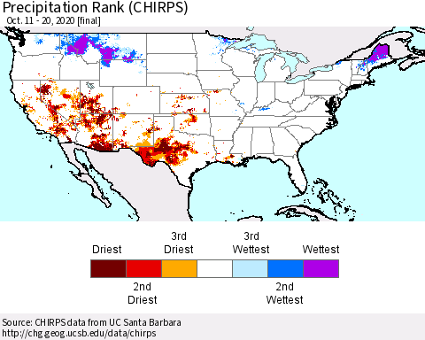 United States Precipitation Rank (CHIRPS) Thematic Map For 10/11/2020 - 10/20/2020