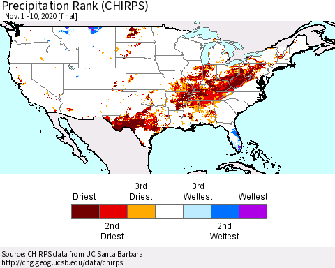United States Precipitation Rank since 1981 (CHIRPS) Thematic Map For 11/1/2020 - 11/10/2020