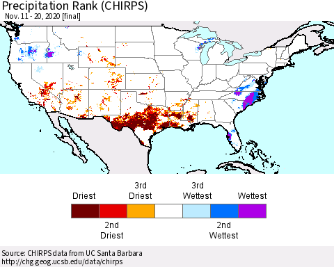 United States Precipitation Rank (CHIRPS) Thematic Map For 11/11/2020 - 11/20/2020