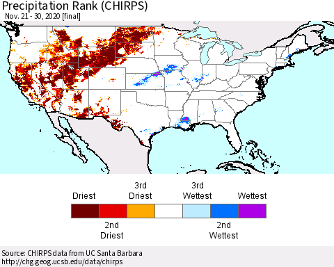 United States Precipitation Rank (CHIRPS) Thematic Map For 11/21/2020 - 11/30/2020
