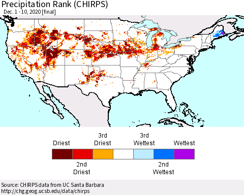 United States Precipitation Rank (CHIRPS) Thematic Map For 12/1/2020 - 12/10/2020