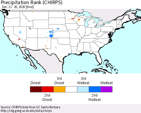 United States Precipitation Rank (CHIRPS) Thematic Map For 12/11/2020 - 12/20/2020