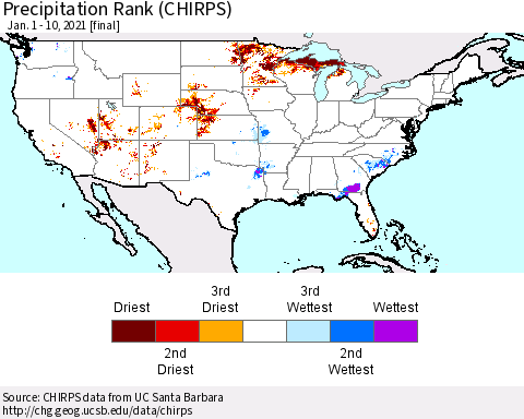 United States Precipitation Rank since 1981 (CHIRPS) Thematic Map For 1/1/2021 - 1/10/2021