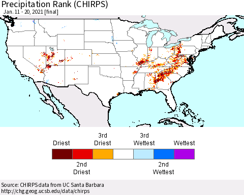 United States Precipitation Rank (CHIRPS) Thematic Map For 1/11/2021 - 1/20/2021