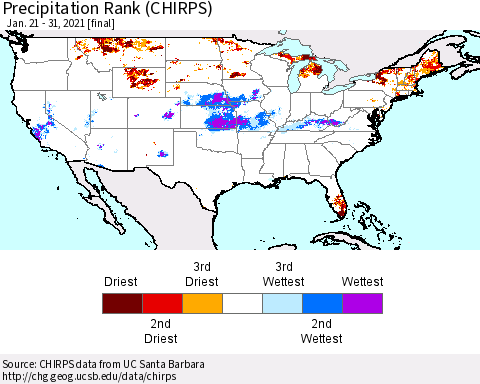 United States Precipitation Rank (CHIRPS) Thematic Map For 1/21/2021 - 1/31/2021