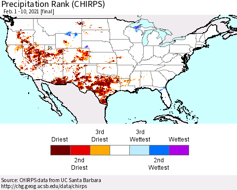 United States Precipitation Rank (CHIRPS) Thematic Map For 2/1/2021 - 2/10/2021