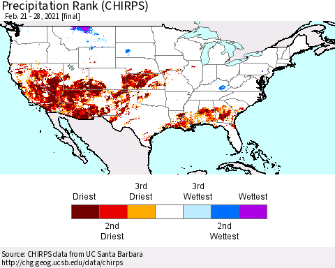 United States Precipitation Rank (CHIRPS) Thematic Map For 2/21/2021 - 2/28/2021