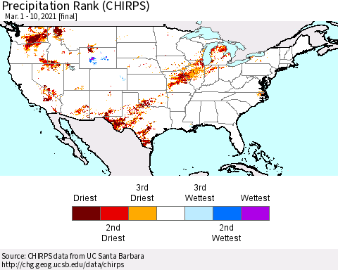 United States Precipitation Rank (CHIRPS) Thematic Map For 3/1/2021 - 3/10/2021