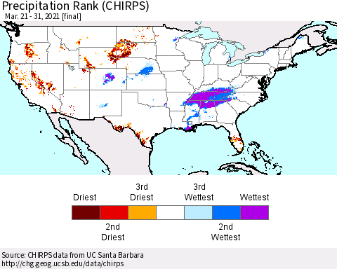 United States Precipitation Rank (CHIRPS) Thematic Map For 3/21/2021 - 3/31/2021