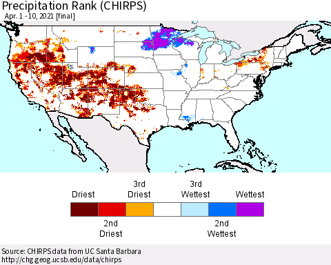 United States Precipitation Rank (CHIRPS) Thematic Map For 4/1/2021 - 4/10/2021