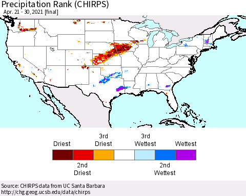 United States Precipitation Rank since 1981 (CHIRPS) Thematic Map For 4/21/2021 - 4/30/2021