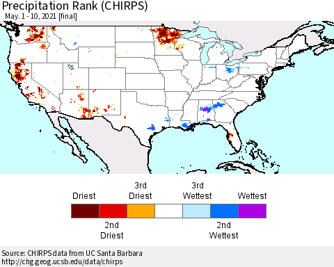 United States Precipitation Rank since 1981 (CHIRPS) Thematic Map For 5/1/2021 - 5/10/2021