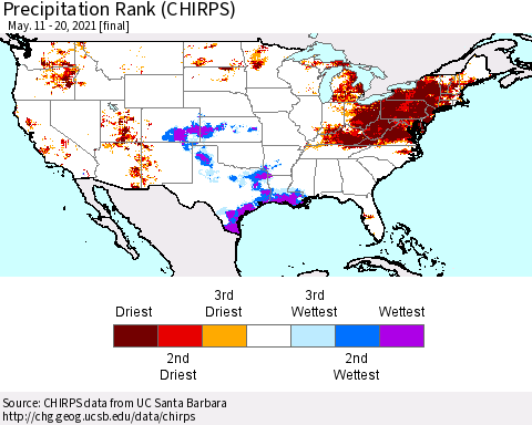 United States Precipitation Rank (CHIRPS) Thematic Map For 5/11/2021 - 5/20/2021