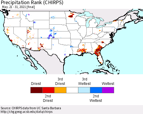 United States Precipitation Rank since 1981 (CHIRPS) Thematic Map For 5/21/2021 - 5/31/2021