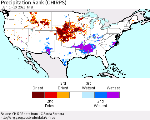 United States Precipitation Rank since 1981 (CHIRPS) Thematic Map For 6/1/2021 - 6/10/2021