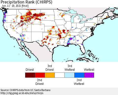 United States Precipitation Rank since 1981 (CHIRPS) Thematic Map For 6/11/2021 - 6/20/2021