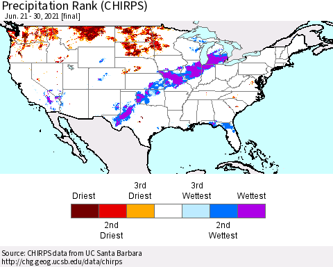 United States Precipitation Rank since 1981 (CHIRPS) Thematic Map For 6/21/2021 - 6/30/2021