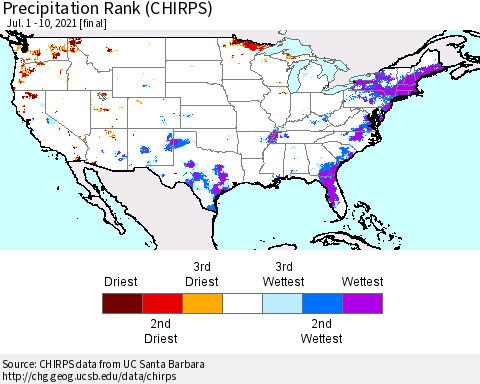 United States Precipitation Rank since 1981 (CHIRPS) Thematic Map For 7/1/2021 - 7/10/2021