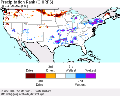United States Precipitation Rank since 1981 (CHIRPS) Thematic Map For 7/11/2021 - 7/20/2021