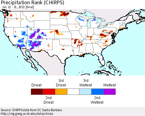 United States Precipitation Rank since 1981 (CHIRPS) Thematic Map For 7/21/2021 - 7/31/2021