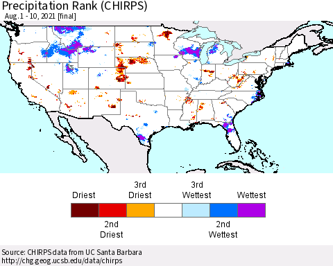 United States Precipitation Rank (CHIRPS) Thematic Map For 8/1/2021 - 8/10/2021