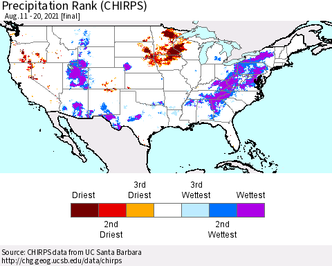 United States Precipitation Rank since 1981 (CHIRPS) Thematic Map For 8/11/2021 - 8/20/2021