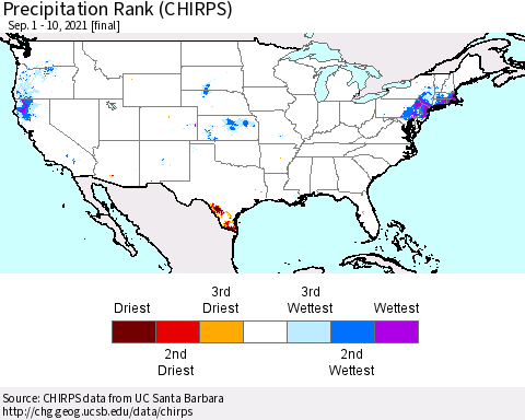 United States Precipitation Rank (CHIRPS) Thematic Map For 9/1/2021 - 9/10/2021