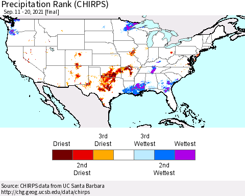 United States Precipitation Rank (CHIRPS) Thematic Map For 9/11/2021 - 9/20/2021