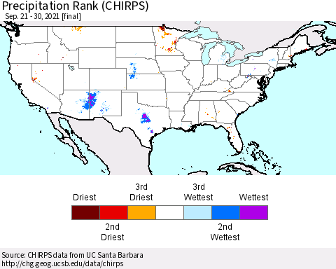 United States Precipitation Rank (CHIRPS) Thematic Map For 9/21/2021 - 9/30/2021