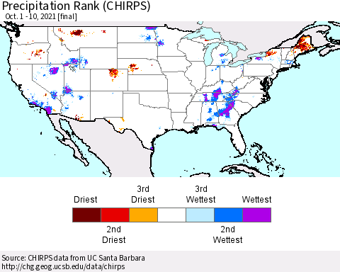 United States Precipitation Rank (CHIRPS) Thematic Map For 10/1/2021 - 10/10/2021