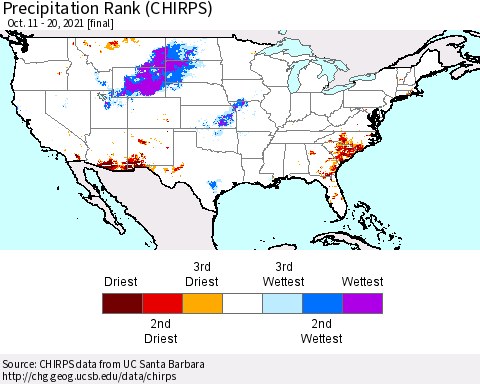 United States Precipitation Rank (CHIRPS) Thematic Map For 10/11/2021 - 10/20/2021