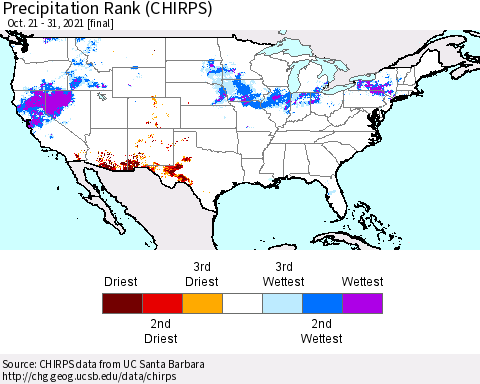 United States Precipitation Rank since 1981 (CHIRPS) Thematic Map For 10/21/2021 - 10/31/2021