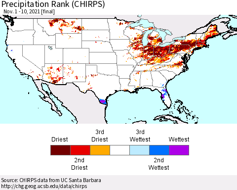 United States Precipitation Rank since 1981 (CHIRPS) Thematic Map For 11/1/2021 - 11/10/2021