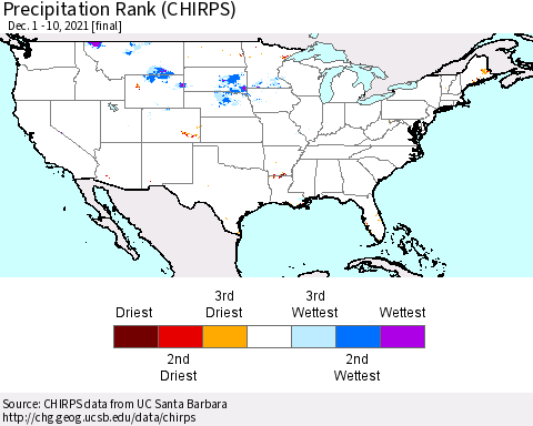 United States Precipitation Rank (CHIRPS) Thematic Map For 12/1/2021 - 12/10/2021