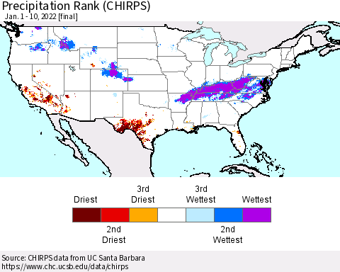 United States Precipitation Rank (CHIRPS) Thematic Map For 1/1/2022 - 1/10/2022