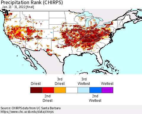 United States Precipitation Rank (CHIRPS) Thematic Map For 1/21/2022 - 1/31/2022