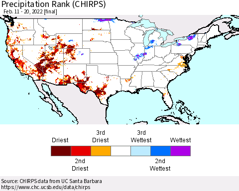 United States Precipitation Rank (CHIRPS) Thematic Map For 2/11/2022 - 2/20/2022