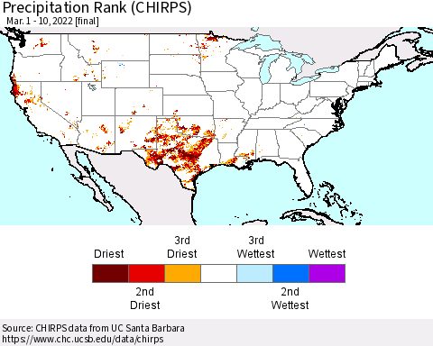 United States Precipitation Rank since 1981 (CHIRPS) Thematic Map For 3/1/2022 - 3/10/2022