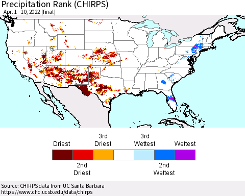United States Precipitation Rank since 1981 (CHIRPS) Thematic Map For 4/1/2022 - 4/10/2022