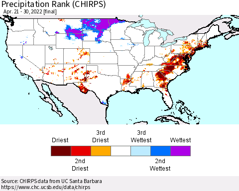 United States Precipitation Rank since 1981 (CHIRPS) Thematic Map For 4/21/2022 - 4/30/2022