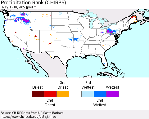 United States Precipitation Rank (CHIRPS) Thematic Map For 5/1/2022 - 5/10/2022