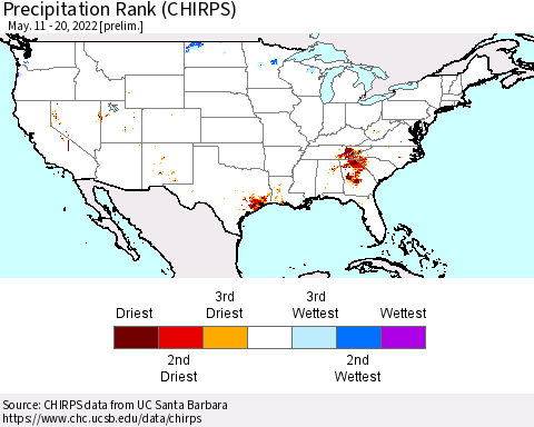 United States Precipitation Rank (CHIRPS) Thematic Map For 5/11/2022 - 5/20/2022